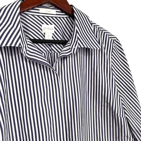 Chicos Sz 2 Large Gold Pin Stripe Metallic Blue Blouse Shirt Top Formal Dinner - Picture 5 of 10